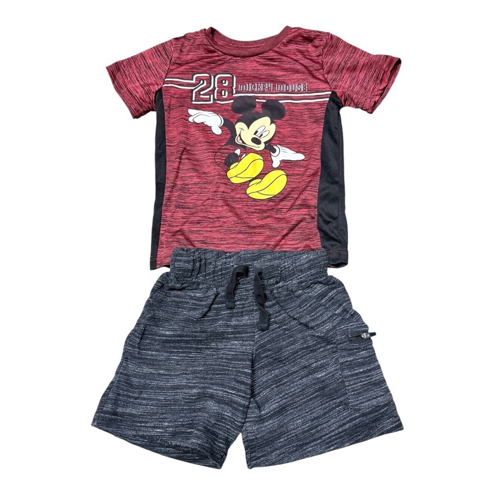 Disney Mickey Mouse Kids Size 5 Activewear Set Maroon Grey Shirt Shorts 2pc